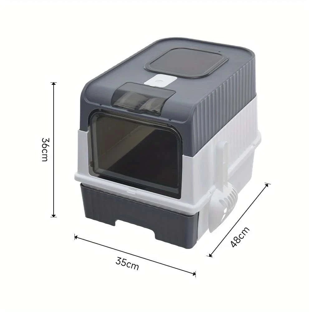 Large Covered Cat Litter Box with Lid – Foldable Litter Tray with Drawer, Scoop & Odour Control | Anti-Splashing, Easy Clean (Grey) LüvLitter