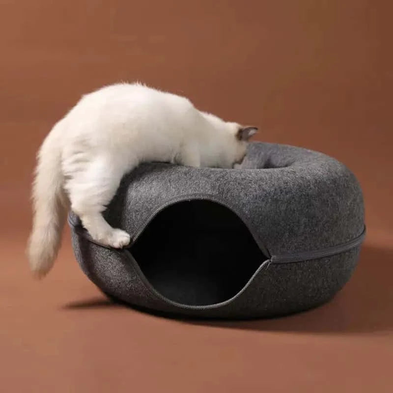 2-in-1 Donut Cat Bed Tunnel Toy – Dual-Use Felt Pet House & Play Tunnel | Scratch-Resistant, Removable & Easy to Clean LüvLitter