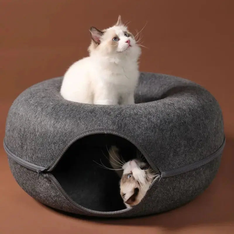 2-in-1 Donut Cat Bed Tunnel Toy – Dual-Use Felt Pet House & Play Tunnel | Scratch-Resistant, Removable & Easy to Clean LüvLitter
