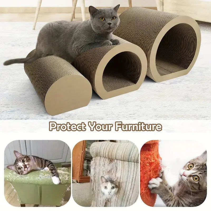 3-in-1 Cat Tunnel, Scratcher & Lounge Bed Set – Cardboard Furniture for Indoor Cats LüvLitter