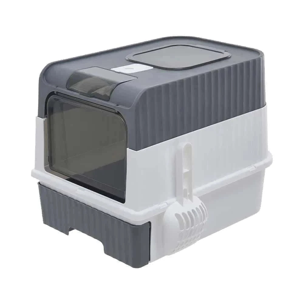 Large Covered Cat Litter Box with Lid – Foldable Litter Tray with Drawer, Scoop & Odour Control | Anti-Splashing, Easy Clean (Grey) LüvLitter