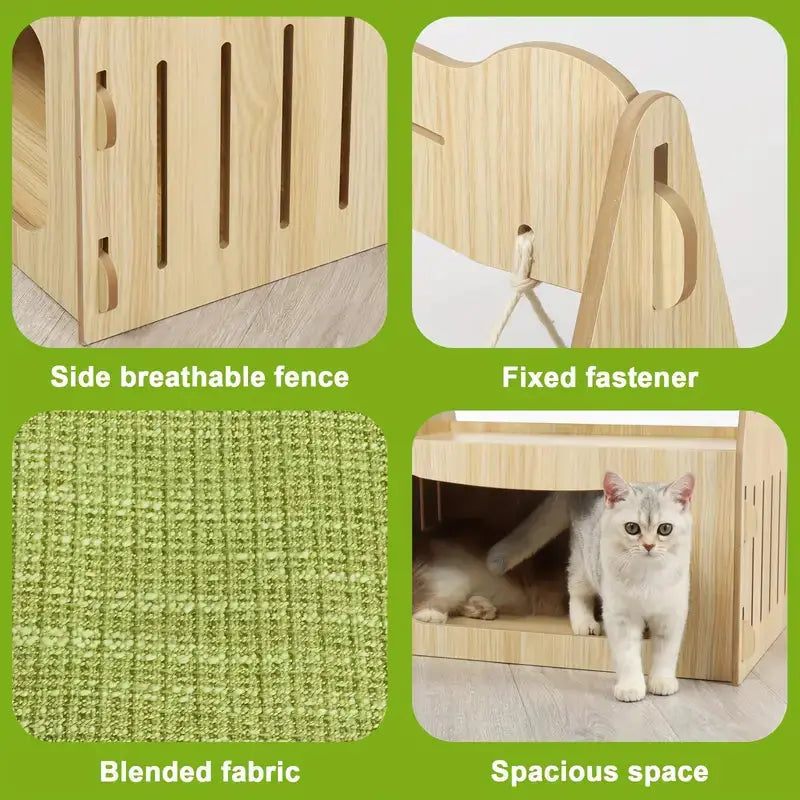 Double Cat Hammock Bed – Wooden Cat Swing Chair & House for Two Cats | Breathable Pet Furniture for Sleeping & Lounging LüvLitter