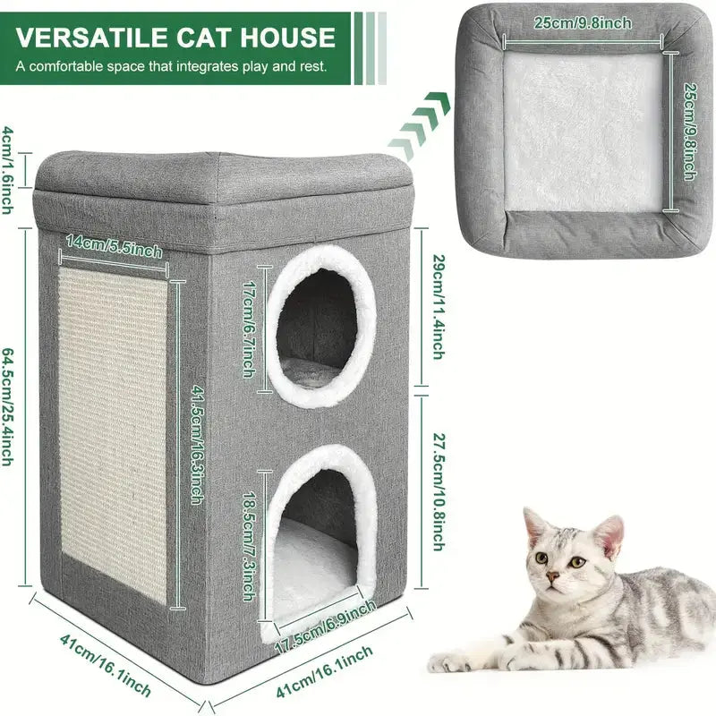 3-Layer Foldable Cat House with Cushions & Scratching Board