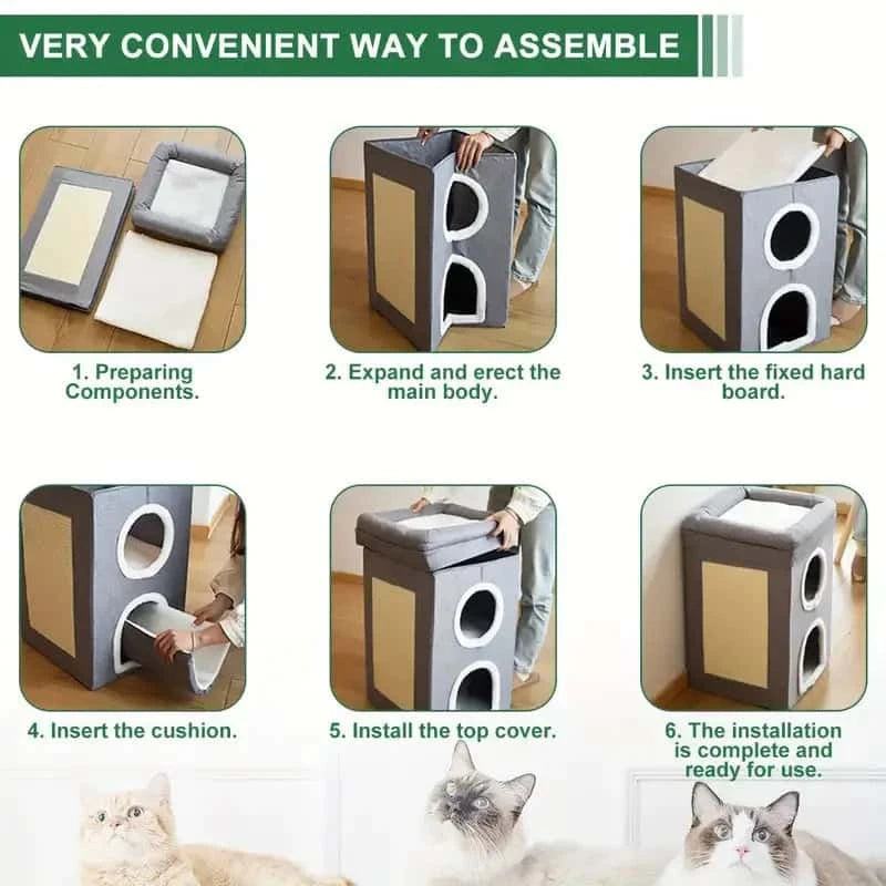 Foldable Cat House Cave with 3-Layer Cushions & Scratching Board – Indoor Cat Condo Nest with Storage Function LüvLitter
