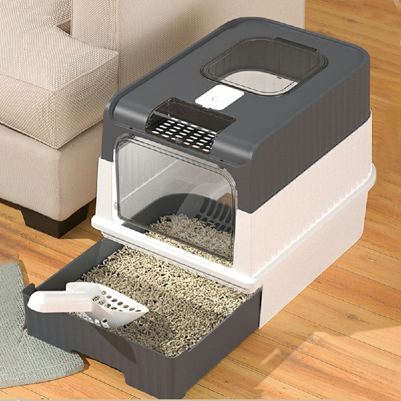 Large Cat Litter Box with Drawer – Anti-Splashing, Self-Cleaning Cat Potty Tray with Easy Pull-Out Pan (Grey) LüvLitter