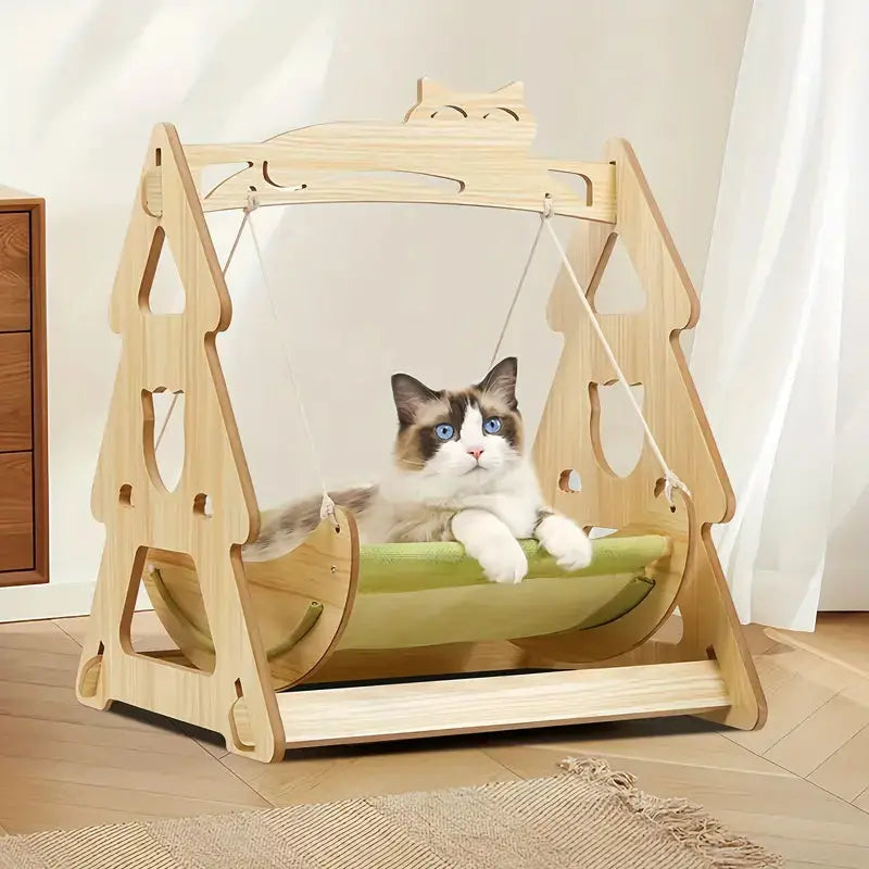 Cat sleeping in modern wooden hammock chair LüvLitter