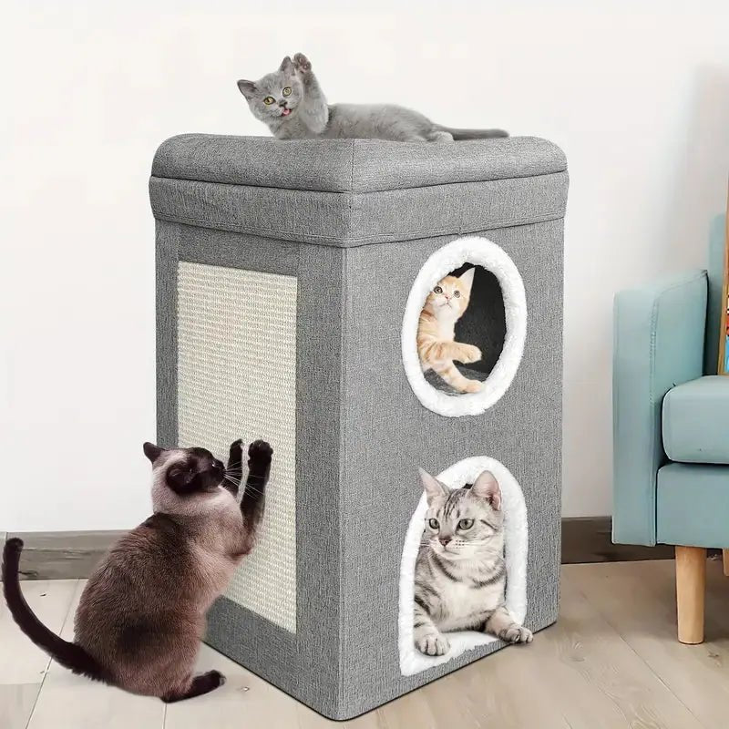 Foldable Cat House Cave with 3 - Layer Cushions & Scratching Board – Indoor Cat Condo Nest with Storage Function - LüvLitter