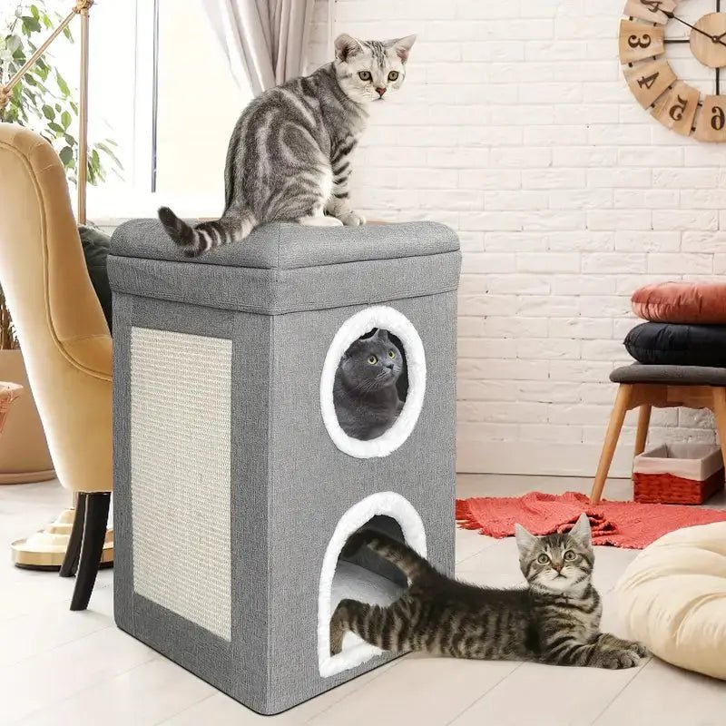 Foldable Cat House Cave with 3 - Layer Cushions & Scratching Board – Indoor Cat Condo Nest with Storage Function - LüvLitter