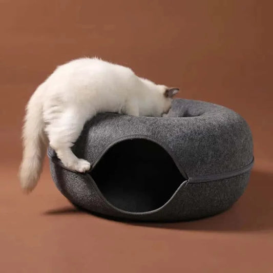 2-in-1 Donut Cat Bed Tunnel Toy – Dual-Use Felt Pet House & Play Tunnel | Scratch-Resistant, Removable & Easy to Clean LüvLitter
