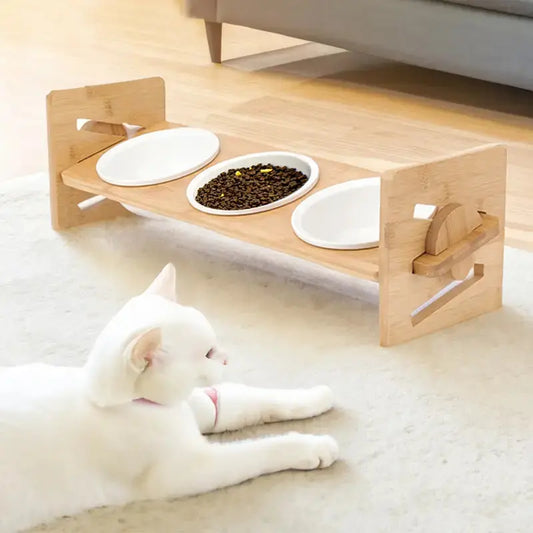 3 Ceramic Bowls with Adjustable Raised Stand – 15° Tilted Elevated Feeder for Cats & Small Dogs LüvLitter