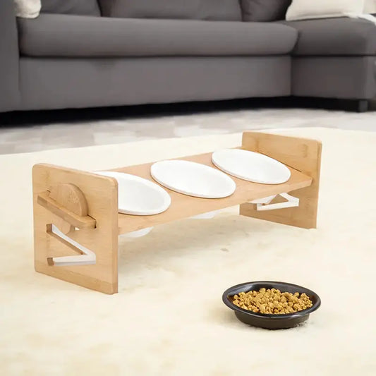 3 Ceramic Bowls with Adjustable Raised Stand – 15° Tilted Elevated Feeder for Cats & Small Dogs LüvLitter