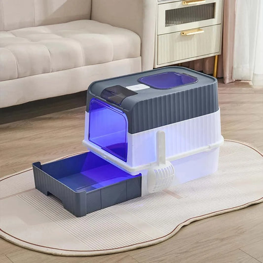 Large Covered Cat Litter Box with Lid – Foldable Litter Tray with Drawer, Scoop & Odour Control | Anti-Splashing, Easy Clean (Grey) LüvLitter