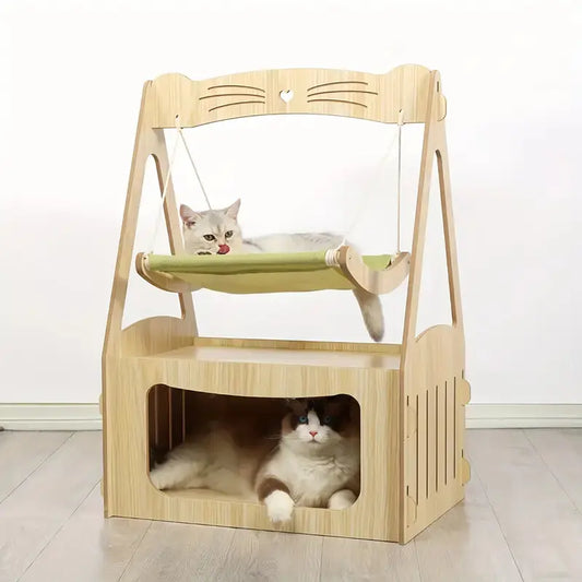Wooden double cat hammock bed with breathable fabric