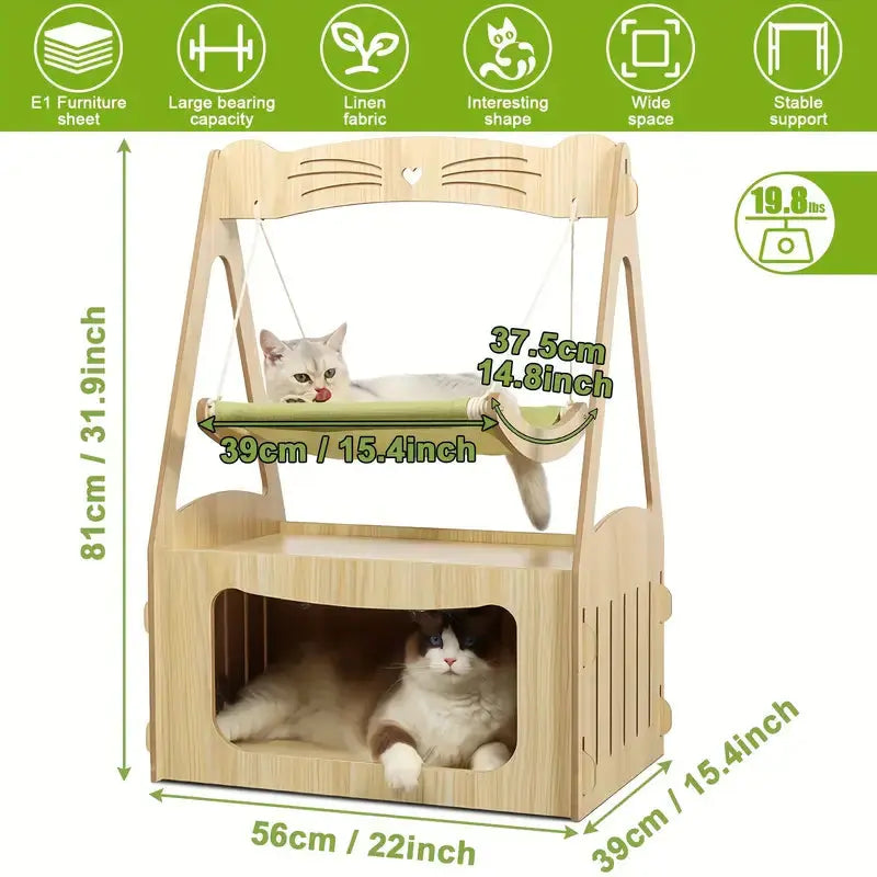 Double Cat Hammock Bed – Wooden Cat Swing Chair & House for Two Cats | Breathable Pet Furniture for Sleeping & Lounging LüvLitter