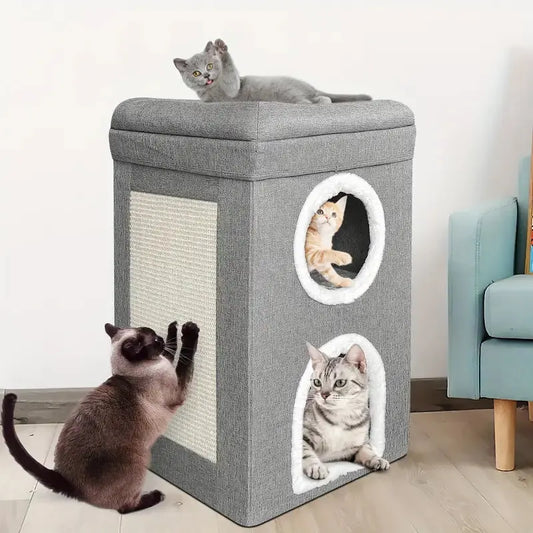 Three-layer foldable cat house with cushions and scratching board