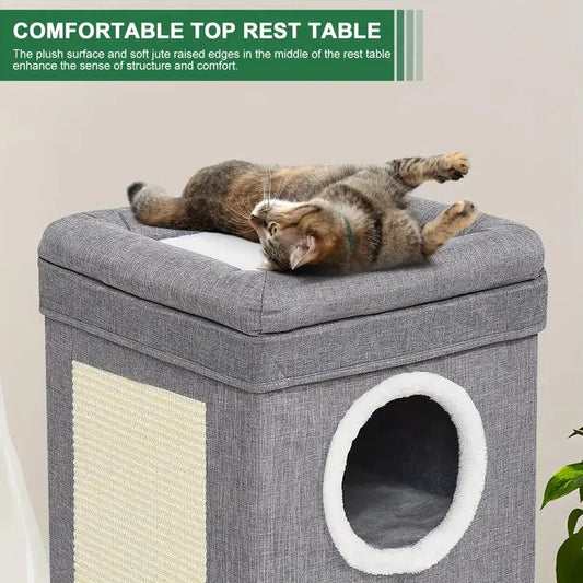 Cat resting inside collapsible indoor cat condo