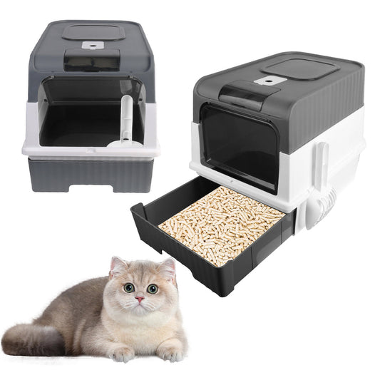 Large Cat Litter Box with Drawer – Anti-Splashing, Self-Cleaning Cat Potty Tray with Easy Pull-Out Pan (Grey) LüvLitter