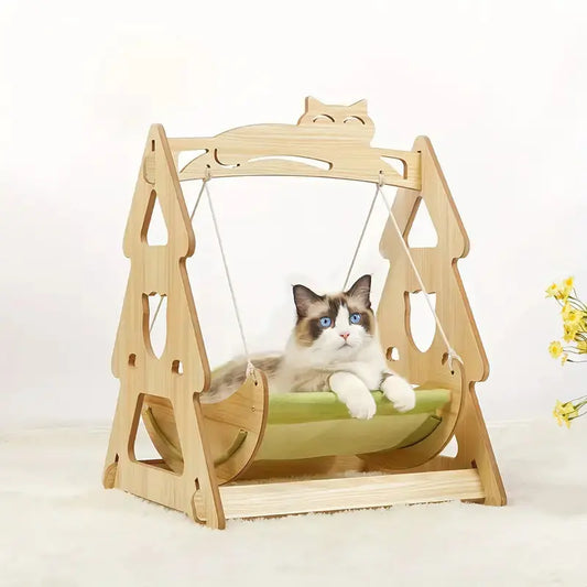 Wooden cat swing chair with breathable fabric hammock