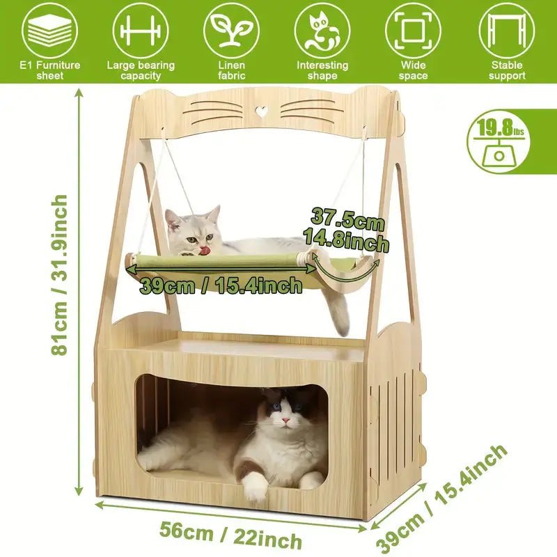 Double Cat Hammock Bed – Wooden Cat Swing Chair & House for Two Cats | Breathable Pet Furniture for Sleeping & Lounging - LüvLitter