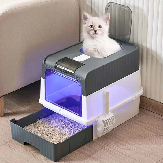 Large Covered Cat Litter Box with Lid – Foldable Litter Tray with Drawer, Scoop & Odour Control | Anti-Splashing, Easy Clean (Grey) LüvLitter
