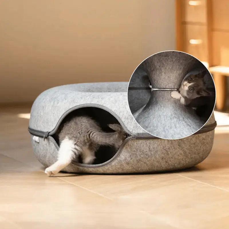 2-in-1 Donut Cat Bed Tunnel Toy – Dual-Use Felt Pet House & Play Tunnel | Scratch-Resistant, Removable & Easy to Clean LüvLitter