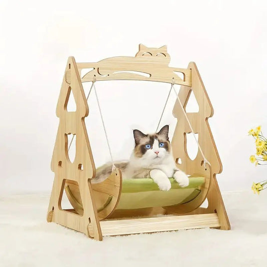 Wooden Cat Swing Chair Hammock Bed – Breathable Pet Furniture for Cats & Small Dogs | Stylish Cat House & Sleeping Bed - LüvLitter